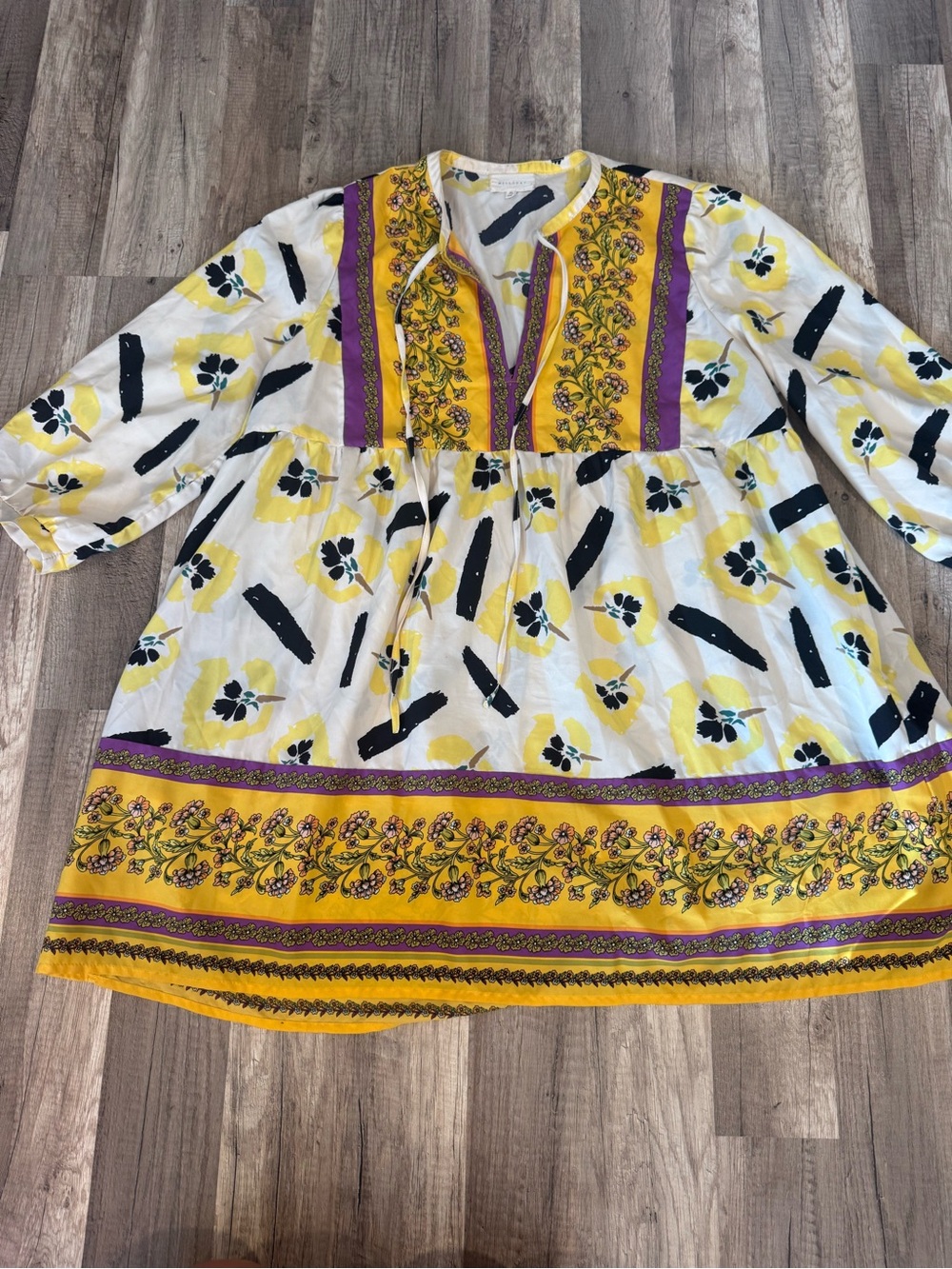 MELLODAY Yellow White and Black Boho Embroidered Tunic